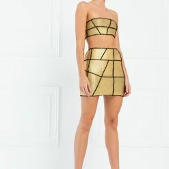 Jessica Bara Shauna Shiny Gold Overlock Seam Bodycon Skirt