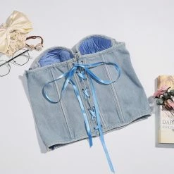 Jessica Bara Etta Diamond Lace Up Denim Corset Top Influencer Style