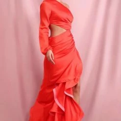 Jessica Bara Lori One Shoulder Side Split Ruffled Maxi Dress