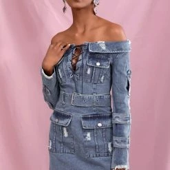 Jessica Bara Raissa Off The Shoulder Denim Mini Dress Influencer Style