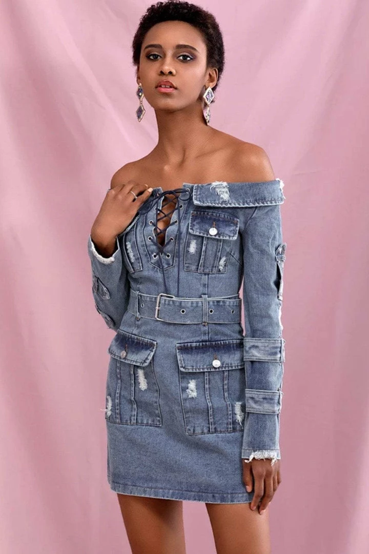 Jessica Bara Raissa Off The Shoulder Denim Mini Dress Influencer Style