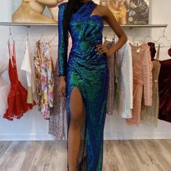 Jessica Bara Zoe One Shoulder Emerald Sequin Gown