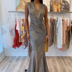 Jessica Bara Stacie Glitter V Neck Bodycon Gown