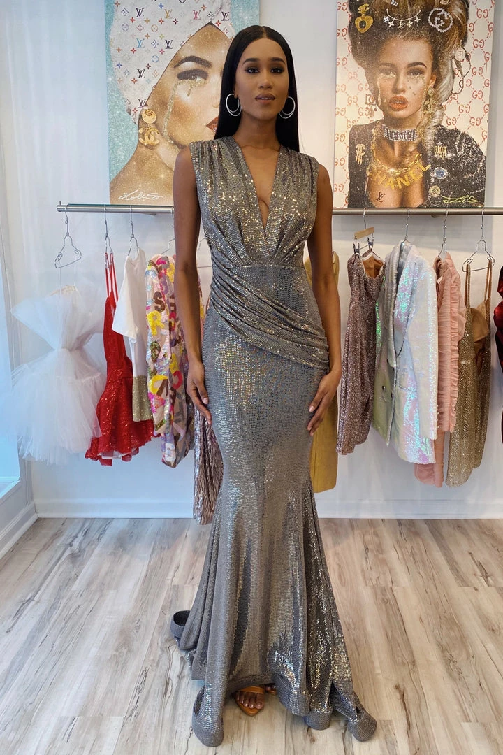 Jessica Bara Stacie Glitter V Neck Bodycon Gown
