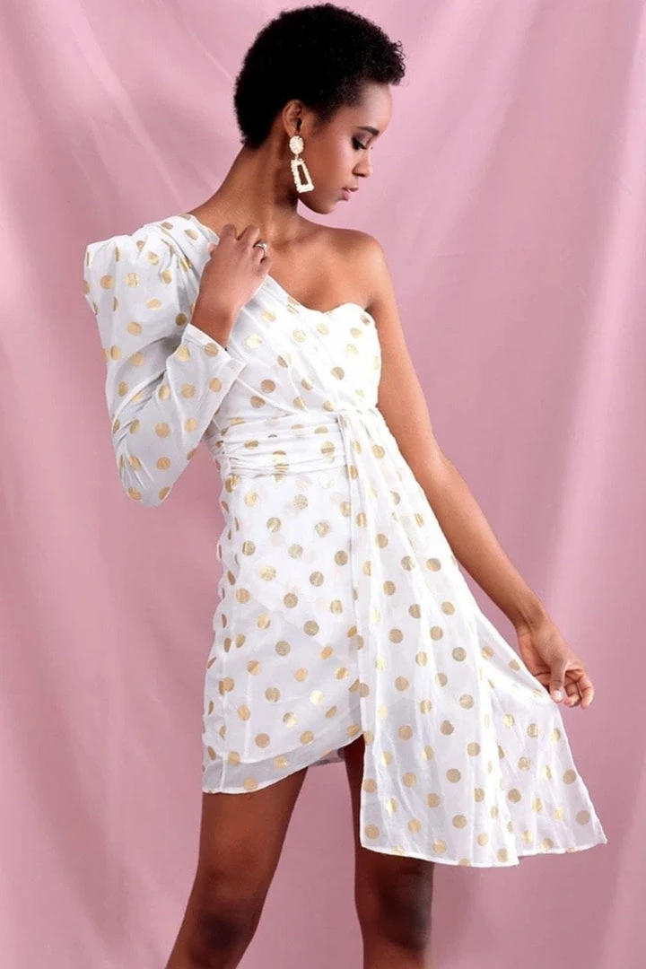 Birthday Suit Jessica Bara Rosalee One Shoulder Polka Dot Mini Dress