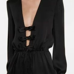 Jessica Bara Priscilla Bowknot Feather Sleeve Mini Romper Long Sleeves