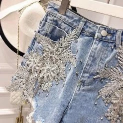 Summer Lovin' Jessica Bara Zayd High Waisted Rhinestone Denim Shorts