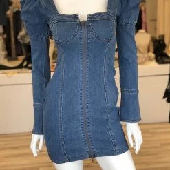 Influencer Style Jessica Bara Francine Puff Shoulder Denim Mini Dress