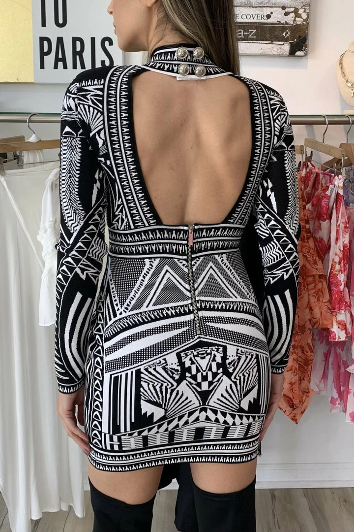 The Event Shop Jessica Bara Ursula Jacquard Long Sleeve Open Back Dress