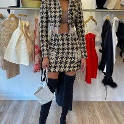 Birthday Suit Jessica Bara Porsha Houndstooth Fringe Blazer And Skirt Two Piece Set