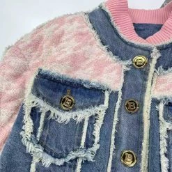 Jessica Bara Darlene Gold Button Pink Patchwork Denim Jacket