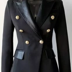 Jessica Bara Donatella Leather Trim Gold Button Blazer