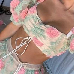 Jessica Bara Samba Mesh Floral Crop Top And Skirt Two Piece Set