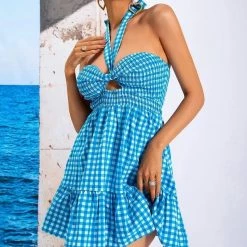 Jessica Bara Sailor Halter Neck Gingham Mini Dress Dresses