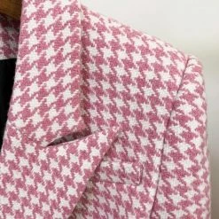 Jessica Bara Donatella Pink Houndstooth Gold Button Blazer