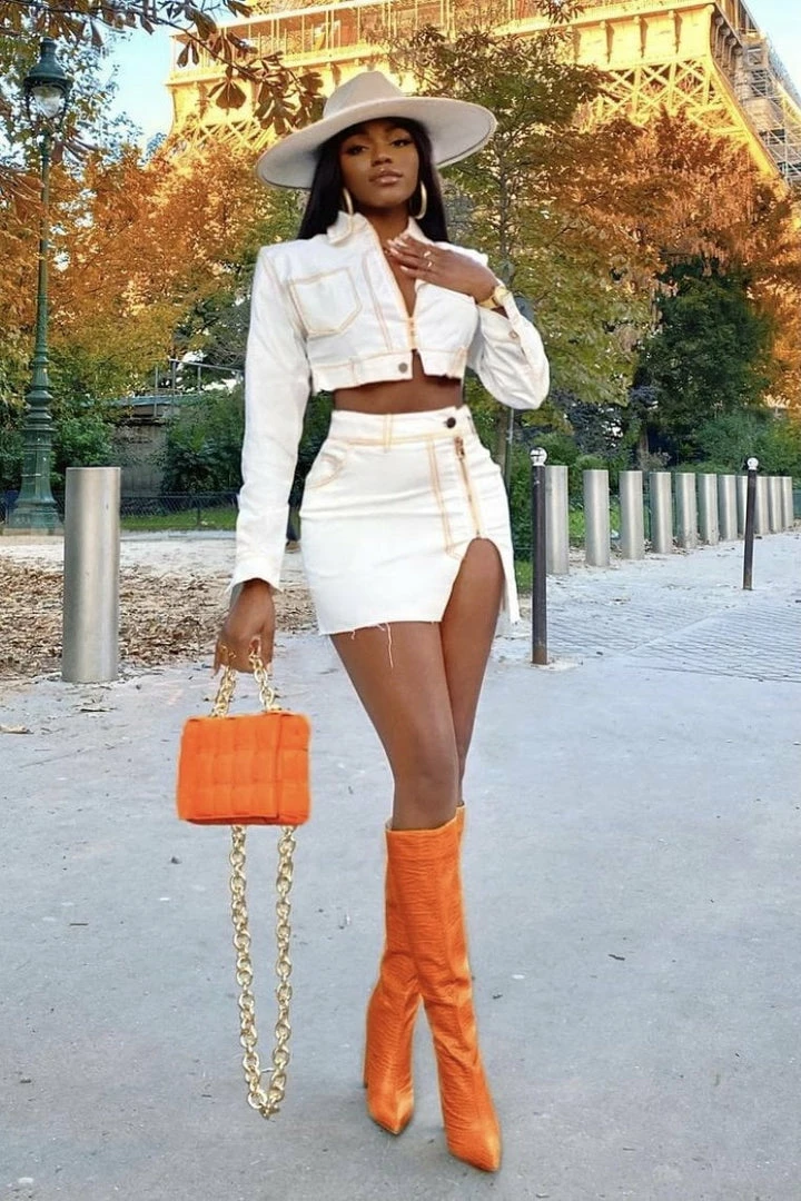 Jessica Bara Ryland Denim Zip Up Jacket And Skirt Two Piece Set Influencer Style