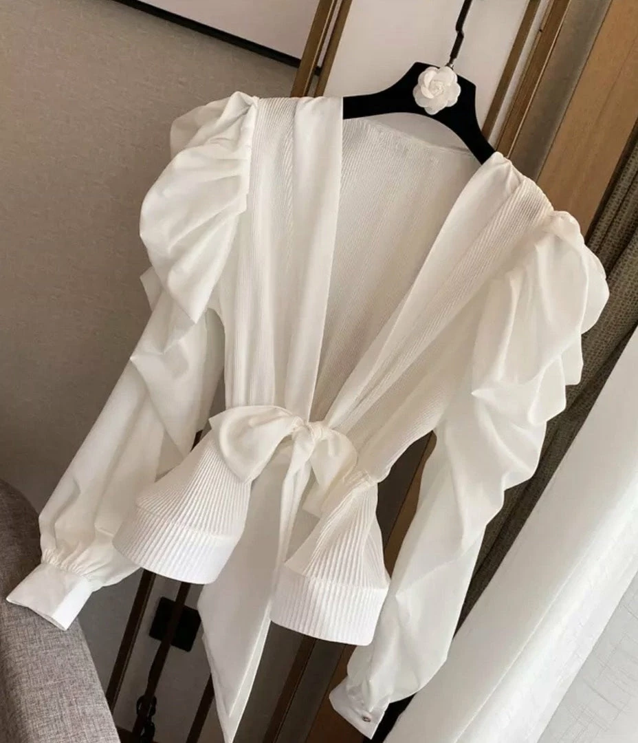 Jessica Bara Esma Puff Sleeve Belted Wrap Top Reve Doll Essentials