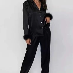 Jessica Bara Noel Silk Feather Blouse And Pants Two Piece Set