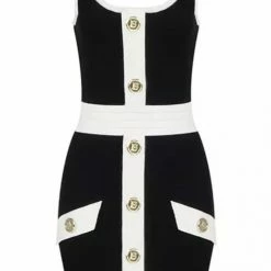 Jessica Bara Julian Color Contrast Gold Button Mini Dress