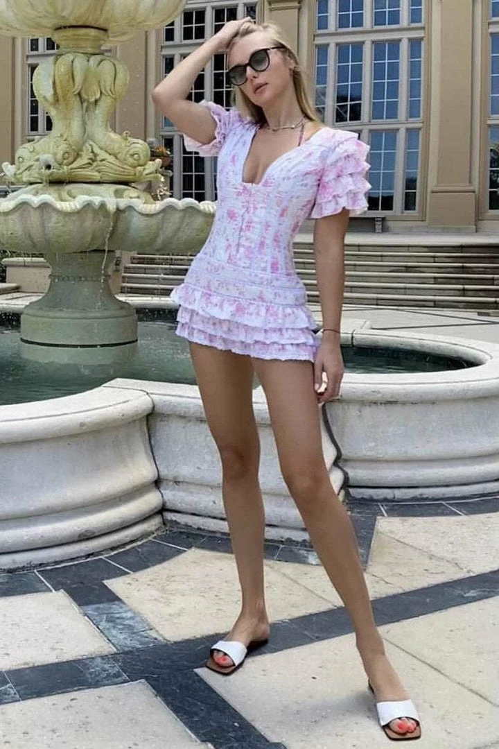 Jessica Bara Cooper Short Sleeve Ruffle Mini Dress Influencer Style