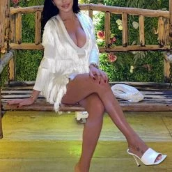 Jessica Bara Shakira Long Sleeve Tassel Fringe Mini Dress Influencer Style