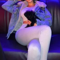 Jessica Bara Paris Rhinestone Teddy Bear Denim And Fur Jacket