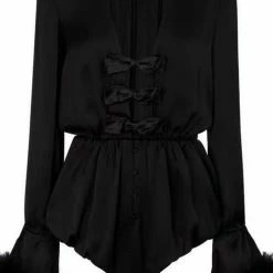 Jessica Bara Priscilla Bowknot Feather Sleeve Mini Romper Long Sleeves