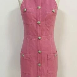 Influencer Style Jessica Bara Darielle High Neck Pink Denim Mini Dress