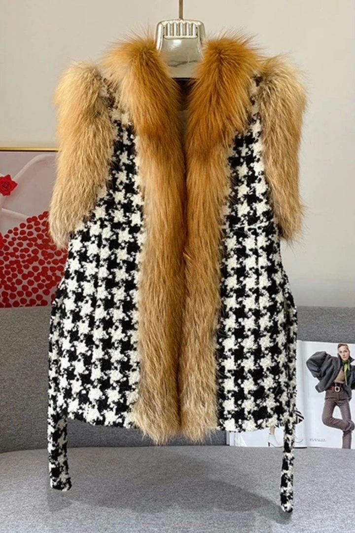 Reve Doll Essentials Jessica Bara Aurora Fur Belted Wool Houndstooth Vest