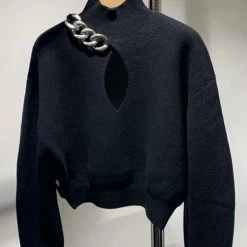 Jessica Bara Corey Chain Long Sleeve Cropped Sweater