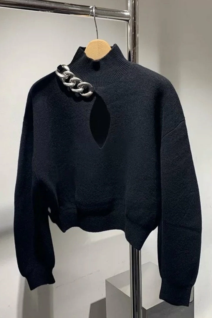 Jessica Bara Corey Chain Long Sleeve Cropped Sweater