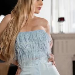 Jessica Bara Casper Strapless Feather Crop Top