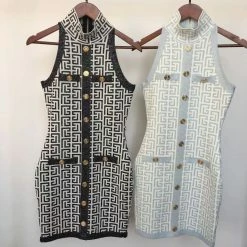 Jessica Bara Robyn Sleeveless Gold Button Mini Dress Giulia Nati