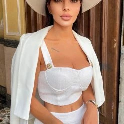 Jessica Bara Thelma Gold Button Top And Skirt Two Piece Set