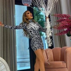 Influencer Style Jessica Bara Arna Long Sleeve Leopard Mini Dress