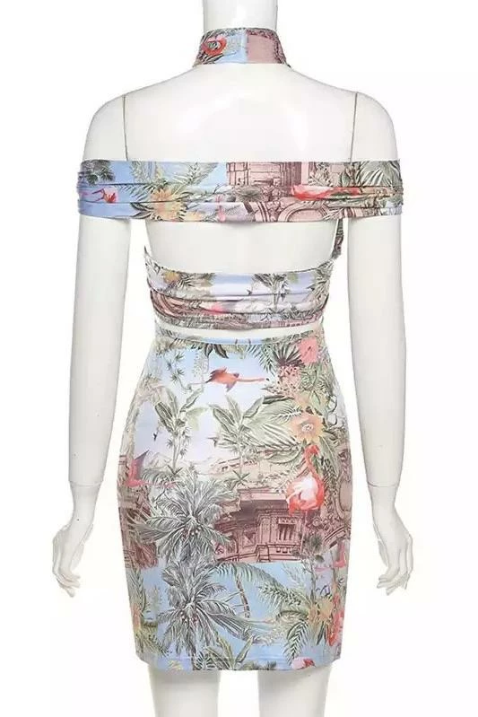 Jessica Bara Vienna Printed Halter Neck Mini Dress Birthday Suit