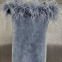 Jessica Bara Asherah Off The Shoulder Feather Denim Mini Dress Birthday Suit