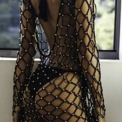 Jessica Bara Meital Long Sleeve Pearl Fishnet Cover Up