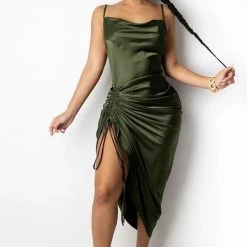 Jessica Bara Silas Satin Ruched Midi Dress Influencer Style