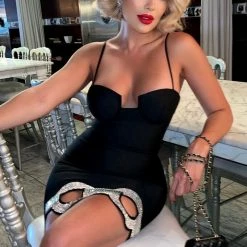 Jessica Bara Sylvana Bandage Rhinestone Chain Link Mini Dress Influencer Style