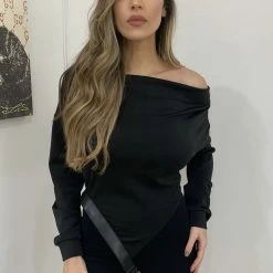 Jessica Bara Vance Long Sleeve Buckle Cowl Neck Top Tops