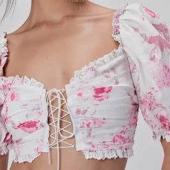 Jessica Bara Dalary Puff Shoulder Lace Up Crop Top Summer Lovin'