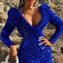 Jessica Bara Genesis Sequin Padded V Neck Mini Dress