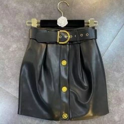 Jessica Bara Diara Gold Button PU Leather Mini Skirt