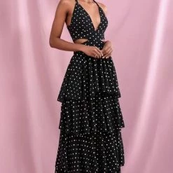 Jessica Bara Arya Polka Dot Cut Out Maxi Dress