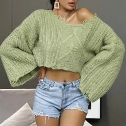 Reve Doll Essentials Jessica Bara Natasha Long Sleeve Distressed Cropped Sweater