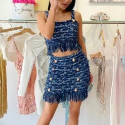 Jessica Bara Ashlynn Gold Button Fringe Crop Top Reve Doll Essentials