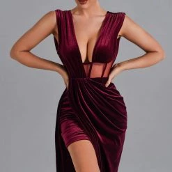 Jessica Bara Monaco V Neck Mesh Velvet Gown