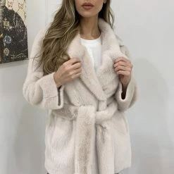 Jessica Bara Bently Genuine Rabbit Fur Belted Jacket