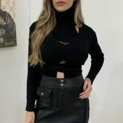 Jessica Bara Corinne Leather Zipper Pocket Mini Skirt